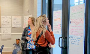 People standing and looking at a poster board with notes written on it